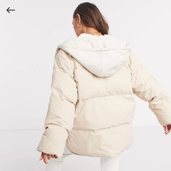 Cream ASOS Petite Oversized Jersey Hooded Puffer Jacket - Picture 9 of 10